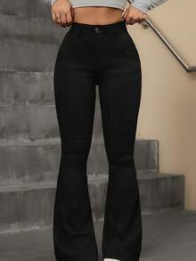 Women's Flare Jeans, High Waist, Butt-Lifting Design, Simple, Elegant, Casual Jeans, Zipper, Pockets, Button, Flare Pants - 黑色 - 查看 5