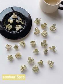 随机15个女士金色发爪，时尚、优雅、可爱，镶嵌闪亮水钻，心形皇冠造型，多款小发爪套装，适合日常佩戴和派对佩戴，女士发饰，女士配饰，夏季沙滩发夹度假发夹，假日旅行礼物 - 彩色 - 查看 3
