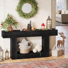LITTLE TREE 160 Cm Farmhouse Console Table, 2-Tier Narrow Wooden Entryway Sofa Table With U-Shaped Base For Home - Black - View 7
