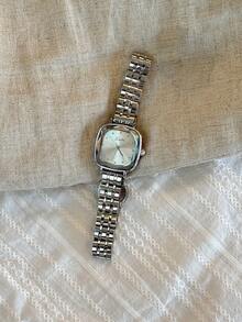 1pc New Arrival Solid Stainless Steel Strap, Casual & Fashionable, Waterproof, Mini Square Women's Quartz Watch With Silver Square Case, Suitable For Daily Wear And Party - Silver - View 6