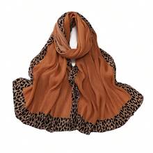 1pc Boho Style Women's Solid Color Hijab, With Leopard Print Border And Pleated Details, Suitable For All Seasons, Versatile, Can Be Used As A Scarf, Headwrap, Cape, Shawl, For Daily Wear Or Special Occasions, Can Also Be Used As A Clothing Accessory, Windproof And Sunscreen.,Beach,Holiday - Multicolor - View 13