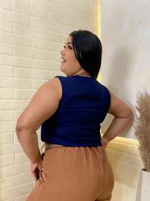 Plain Tank Top, Sleeveless Blouse, Plain Crepe Fabric, With 4 Buttons, Plus Size G1G2G3 46-52, Casual Women's - 62-海軍藍 - 查看 4