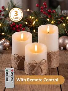 3pcs Flameless Candle Lights With Timer Remote Control, Battery Operated Vintage Rope Wave Candles, Suitable For Christmas, Halloween, Valentine's Day, Mother's Day, Gifts, Birthday, Wedding, Dining Table, Party, Holiday - Wavy Angled Opening - Tie-up Style - View 1