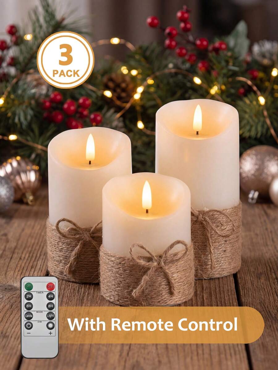 3pcs Flameless Candle Lights With Timer Remote Control, Battery Operated Vintage Rope Wave Candles, Suitable For Christmas, Halloween, Valentine's Day, Mother's Day, Gifts, Birthday, Wedding, Dining Table, Party, Holiday - Wavy Angled Opening - Tie-up Style - View 1