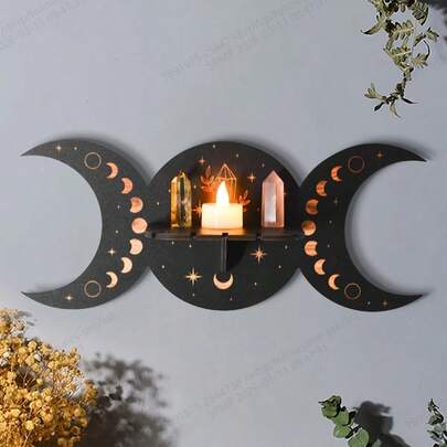 1 قطعة حامل شمعة خشبي على شكل هلال وحامل تخزين - رف جداري للغرفة والصالة - تنظيم وديكور المنزل - ديكور رمضان للمنزل