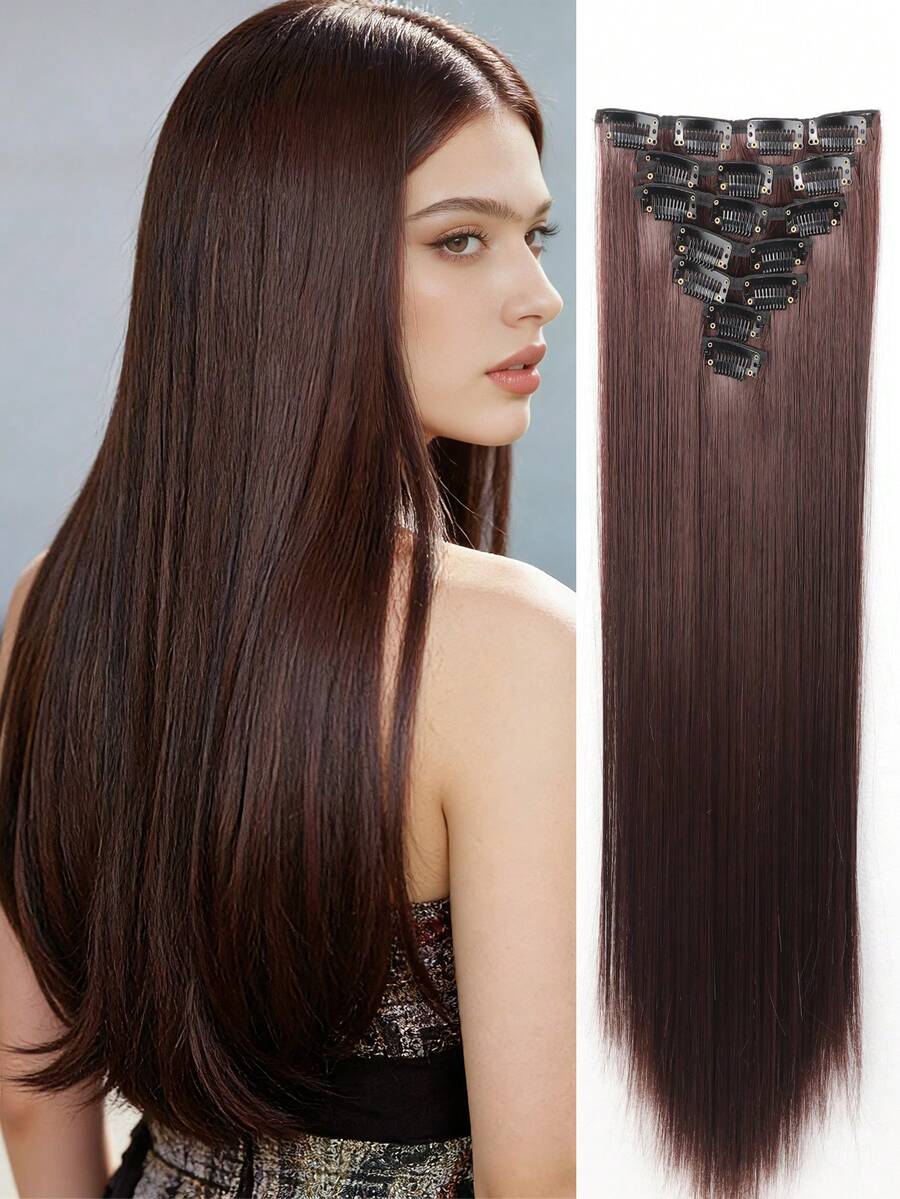 7片/套 18-32英寸夹式合成假发片，浓密自然黑色发片