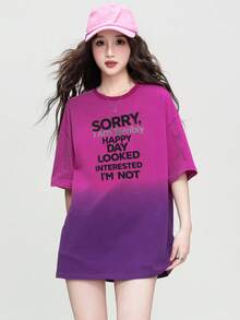 Áo thun cotton cổ tròn dáng rộng in chữ tiếng Anh màu đỏ thanh long ombre mùa hè 2026, thích hợp mặc ngoài trời/đi làm. - 0A19 Thanh long đỏ - KJ0211 Đen - Xem 1