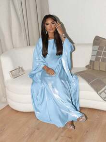 1pc Women's Dubai Solid Color Long Round Neck Batwing Sleeve Dress With Soft Satin Finish, Suitable For Daily Life, Festivals, Parties And Evening Events - Light Blue - View 2