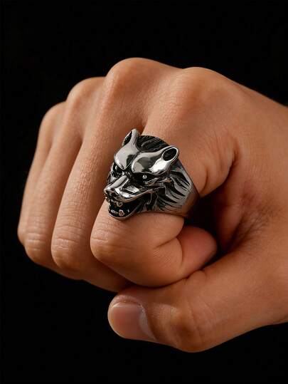 خاتم رجالي من الفولاذ المقاوم للصدأ بتصميم رأس الذئب، طراز بانك جوثي جريء للارتداء اليومي