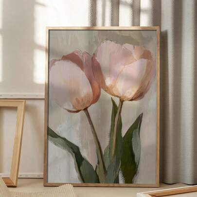 1PC Unframed Poster Featuring Pink Flowers, Green Leaf Artwork, Vibrant Art Prints, Tulip Canvas Wall Art, Beautiful Canvas Decor, Still Life Home Decoration, Wall Art, Room Aesthetic, Posters, Perfect Gift, Without A Frame