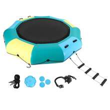 Trampolín Inflable de Agua 10FT - Rebotador Flotante para Lago y Piscina con Escalera de Cuerda, Bolsas Anclaje y Bomba de Aire Reversible - Para Adultos y Niños. - azul y verde - Ver 1