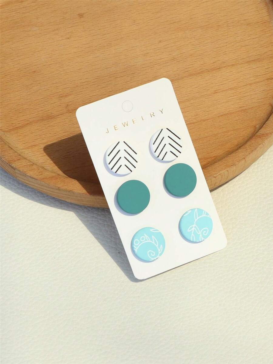 3对天蓝色和海军蓝条纹印花陶瓷质感个性化圆形亚克力耳环 - 彩色 - 查看 1