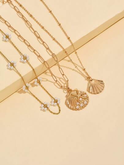 3pcs/Set Summer Beach Metal Alloy Shell & Faux Pearl Floral Pendant Necklace, Suitable For Daily Wear, Beach Vacation, Party And Date, Adjustable Chain Length