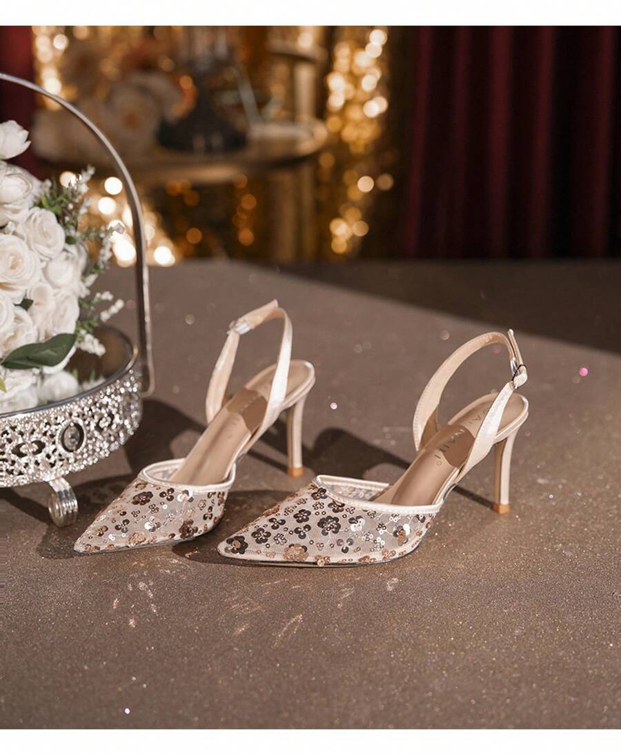Women's High Heels, Women's High Heel Sandals, Women's Open-Toe Lace Mesh High Heels, Women's Closed-Toe Backless Stiletto Heels, Fairy Style, White, Floral, For Parties. - Champagne - View 1