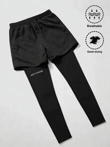 1pc Men's Lightweight Printed Sports Pants, 2-In-1 Summer Outfit - Black - View 2