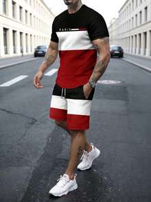 Men's Printed Short Sleeve T-Shirt And Shorts Set, Minimalist Fashion Suitable For Summer, Everyday Wear - Multicolor - View 2