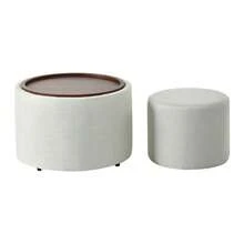 Ball & Cast 2-Piece Nesting Stool Set With Storage, Footstool With Linen Cover And Wooden Shelf, 58 Cm Round Coffee Table & Bench, Beige - Beige - View 10