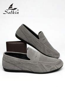 Salkin 经典男士莫卡辛鞋，奢华麂皮乐福鞋，柔软皮革商务正装鞋，适合日常办公、派对、婚礼、浪漫晚餐、学生返校休闲穿着，尺码偏大 - 灰色 - 查看 5