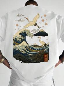 Oversized Streetwear Tee With Hokusai Wave Art - 's Japanese Ukiyo-E Great Wave & Crane Print T-Shirt - Loose Fit Summer Shirt For Japanese Culture Fans, Machine Washable Casual Wear ( Sizing) - Black - View 8