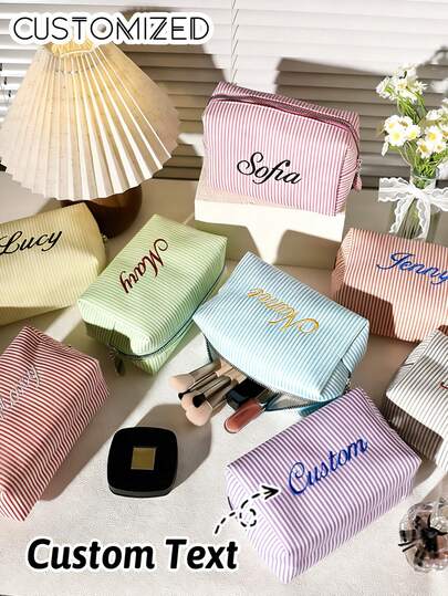 Customized Embroidered Thin Cotton Cosmetic Bag, Bridesmaid Makeup Organizer Bag With Initials, Women's Portable Travel Toiletry Pouch, Customizable Name Wash Bag, Suitable As Bridesmaid Gift, Designed For Women's Daily Commute