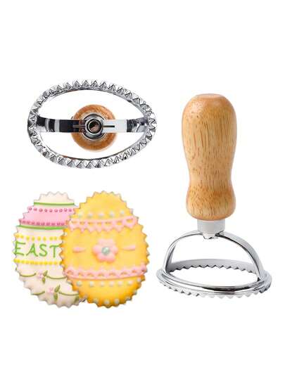 1pc Easter Theme Egg-Shaped Wooden Handle Cutter Mold, Made Of Durable Zinc Alloy, Oval Shaped Cutter Mold For Cookies/Pasta/Dumplings, Essential Baking Tool For Holidays, Oval Pasta Cutter, Egg-Shaped Cookie/Pastry Cutter, Multifunctional Baking Kitchen Tool