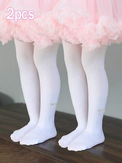 2条装女童时尚水钻蝴蝶结紧身连裤袜，闪亮水钻装饰，适合女童节日派对穿着，春夏款