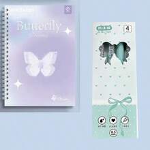 A5 Cute Notebook With Spiral Binding, Minimalist Butterfly Dream Series + Green Cover 0.5mm Black Ballpoint Pen - Multicolor - View 9