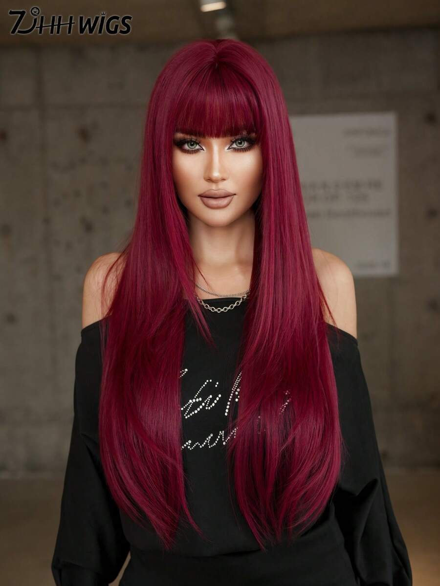 7JHH WIGS 34 Inch Extra Long Straight Wine Red Wig With Bangs - Super Long Natural Layered Wigs, High Quality Soft Synthetic Fiber Velvet Purple Burgundy Wigs For Women Daily Wear, Festival Ready Party Use, Mother's Day Gifts & Graduation Gift - Beginners Glueless Wig Accessories - Màu đỏ tím - Xem 1