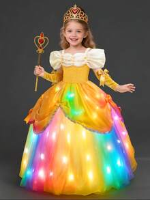Light Up Princess Dress For Girls, Halloween Costume Dress Up Clothes For Christmas, Birthday Party, Cosplay Costume, With Crown, Magic Wand, Gloves, Necklace - 黃色 - 查看 3