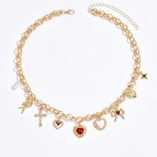 十字架吊坠，时尚夸张心形项链，甜美蝴蝶结仿珍珠颈链 - 彩色 - 查看 6