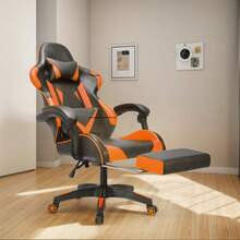 1 x Silla ergonómica para gaming con ajuste de altura e inclinación, base de cinco estrellas y reposapiés - Estructura de hierro forjado resistente, accionamiento manual, silla de oficina ergonómica ajustable | Silla de escritorio para gaming/streaming de alta resistencia con ajuste de altura, inclinación manual y soporte lumbar, acolchado de espuma viscoelástica, requiere montaje, adecuada para entornos de oficina y gaming. - Rojo - Ver 3
