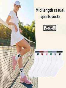1/6 Pairs Women's 2-Stripe Heart Casual Tennis Socks, White Striped Sports Socks, Suitable For Casual Sports And Home Wear - Multicolor - View 7