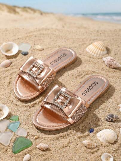 1 Pair Women's Sandals, Rose Gold Metallic Sheen With Rhinestone Decor, Non-Slip Flat, Open Toe Style, Fashionable Minimalist Design, Suitable For Summer Beach Vacation And Stylish Outings
