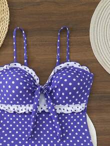 Bodysuit Polkadot Elastis Tinggi untuk Wanita dengan Hiasan Ruffle, Cocok untuk Liburan Pantai Musim Panas - Purple - View 4