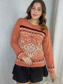 Women's Long Sleeve Knit Sweater For Winter With Geometric Pattern And Mousse Fabric - Coral Pink - View 2