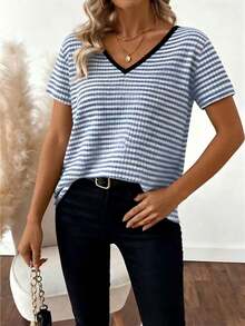 Plus Size Women's Striped Knit Short Sleeve V-Neck T-Shirt With Bow Decor On Back Casual Summer - Sky Blue - View 4