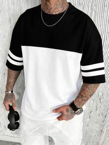 男士休闲黑白拼接短袖T恤，日常穿着、休闲通勤皆宜。 - 黑與白 - 查看 2