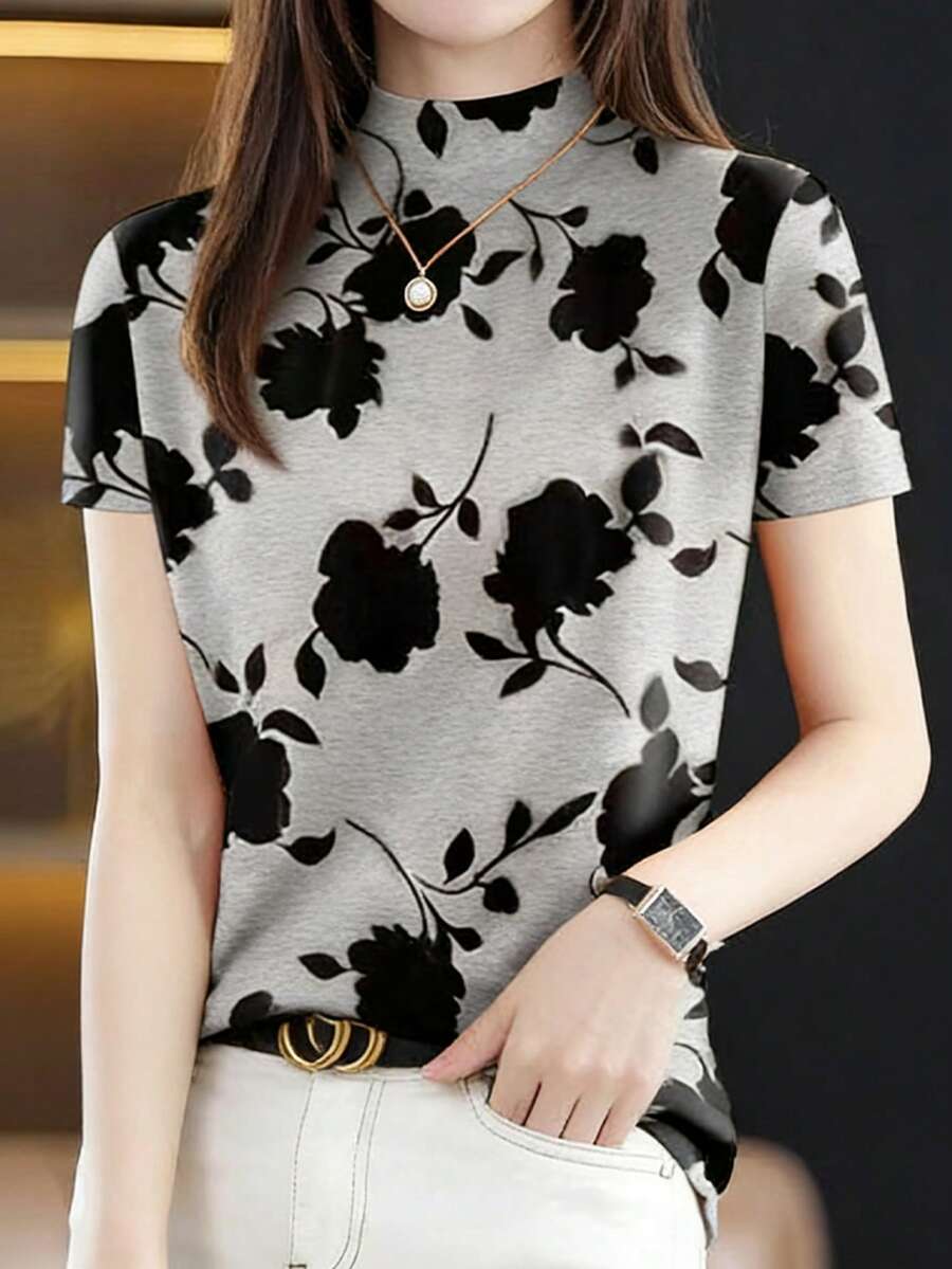 Áo thun cổ cao tay ngắn, chất liệu nhẹ, kiểu dáng retro casual phong cách Mỹ, in họa tiết cá nhân, thích hợp cho kỳ nghỉ hè. - Xám - Xem 1