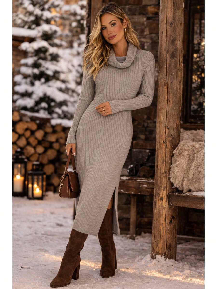 Midi Dress With A Cowl Neck, Long Sleeves, Side Slits, Knit Fabric. - Grey - View 1