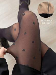 半透明黑色爱心印花连裤袜，适合15-25°C日常穿着，E-Girl风格，舒适透气 - 黑色 - 查看 1