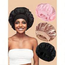 1pcs Double Layer Satin Sleeping Cap For Women Sleeping, Satin Lined For Curly Hair, Large Silk Cap, Wide Brim Silk Night Cap - màu đen - Xem 1