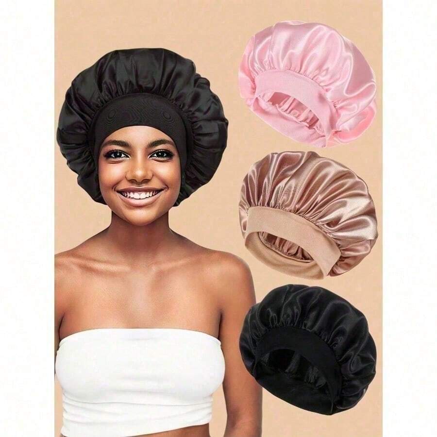 1pcs Double Layer Satin Sleeping Cap For Women Sleeping, Satin Lined For Curly Hair, Large Silk Cap, Wide Brim Silk Night Cap - màu đen - Xem 1