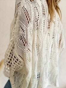 大码时尚宽松镂空高端女式七分袖针织衫，露肩设计，度假完美之选，面料柔软舒适，休闲百搭的夏季单品 - 杏色 - 查看 3