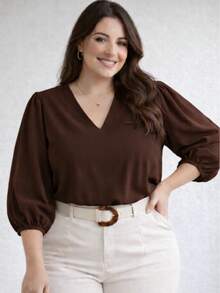 Women's Blouse With 3/4 Sleeves, Crepe Fabric, Duna Style, Elegant, Workwear, Plus Size (GG, G1, G2, G3), Evangelical Fashion - Brown - 鏽棕色 - 查看 1