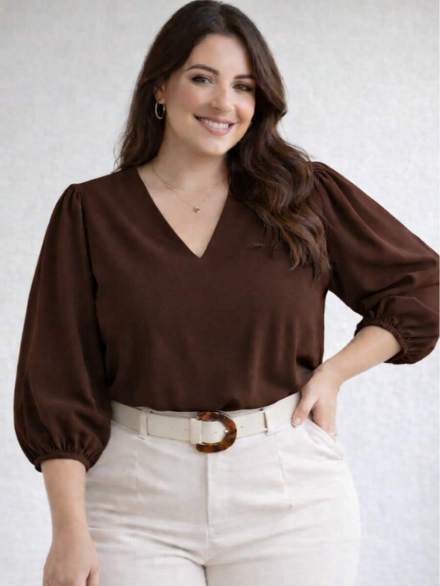 Women's Blouse With 3/4 Sleeves, Crepe Fabric, Duna Style, Elegant, Workwear, Plus Size (GG, G1, G2, G3), Evangelical Fashion - Brown - 鏽棕色 - 查看 1