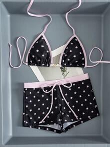 Bộ bikini 2 món họa tiết sao 2026 mới, đen viền tối, áo tam giác và quần short dây rút, đồ bơi nữ mùa hè đi biển nghỉ dưỡng - màu đen - Xem 6
