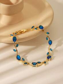 1 Peça Pulseira de Tênis de Zircônia Brilhante Rosa e Azul Marinho de Alta Qualidade, Design Único de Flor e Folha de Cobre, Acessório da Moda para Mulheres, Adequado para Uso Diário, Festivais, Casamento, Dia das Mães, Presentes de Feriado - Dourado + azul marinho - Visão 7