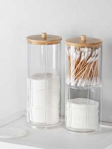 1/3 cajas de hisopos con tapas de bambú, caja de hisopos circular de plástico a prueba de polvo, frasco de almacenamiento transparente para bastoncillos, joyas, borlas de maquillaje, desmaquillante, hilo dental, huevos de belleza, herramientas de cuidado personal. Almacenamiento y organización del hogar, recipiente de almacenamiento cosmético para suministros de baño - transparente - Ver 7