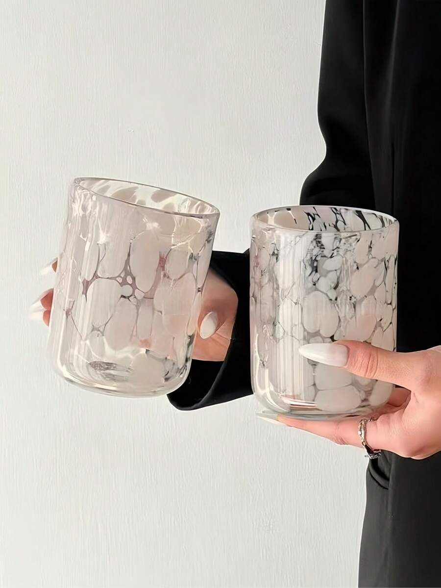 1个扎染粉白波点玻璃杯，独特创意拿铁/牛奶/果汁杯，复古北欧风格，适用于餐厅、客厅、咖啡馆、派对等场合。 - 彩色 - 查看 1