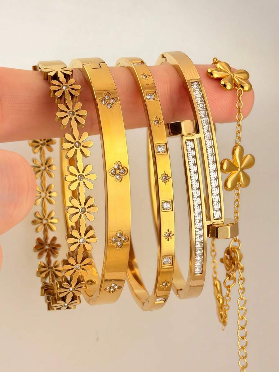 5Pcs/1pc Gold Plated Stackable Bracelet Set | Floral Crystal Bangle | Dainty Fashion Jewelry Gift For Her